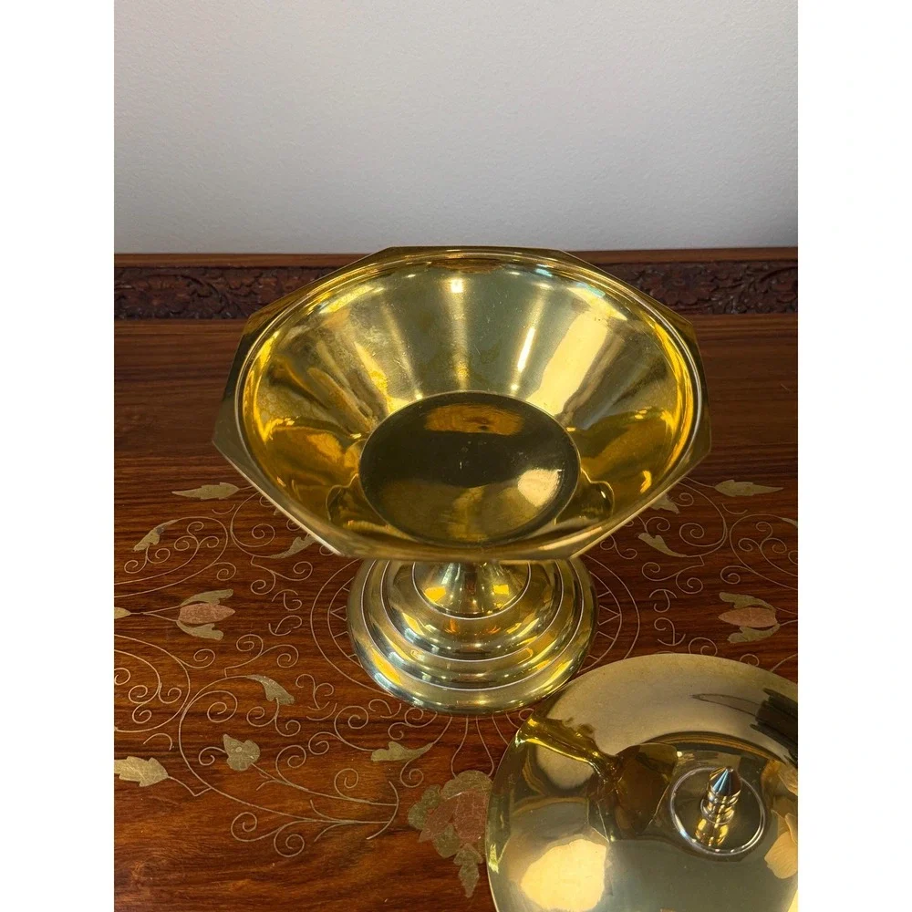 Vintage Solid Brass Lidded Pedestal Bowl • Octagonal Compote